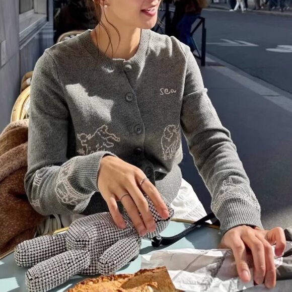 Classic Sea New York Edin Cardigan Small Gray Grey Knit Embroidered Wool - Picture 3 of 16